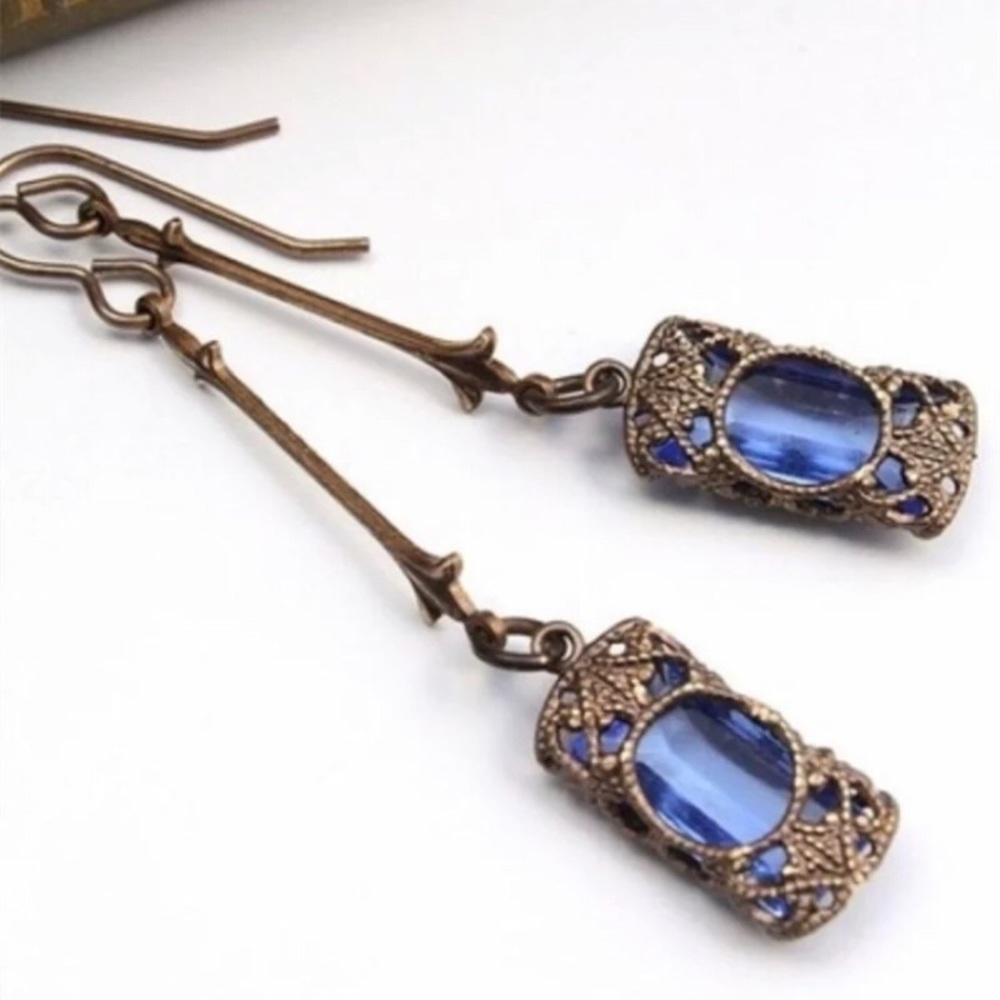Blue Bohemian Bronze Dangle Earrings